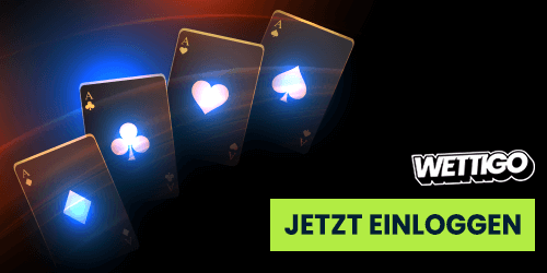 Glänzende Spielkarten auf dunklem Hintergrund mit Hinweis auf exklusives Spielerlebnis bei Wettigo Casino