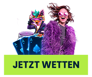 Junge Frau mit Sonnenbrille präsentiert Handy mit Spieleplattform und dem Text Jetzt wetten