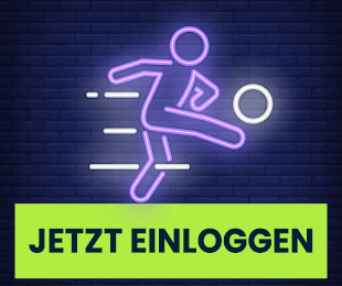 Neon-Illustration eines Fußballspielers in Bewegung mit grünem Button Jetzt einloggen vor Ziegelhintergrund